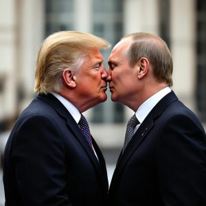 Ein fotorealistisches, KI-generiertes Bild, das eine Profilansicht von Donald Trump und Wladimir Putin im Anzug zeigt, die sich in einer innigen Geste küssen. Beide haben die Augen geschlossen. Der Hintergrund ist unscharf und deutet ein offizielles Gebäude an.