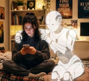 Eine Jugendliche sitzt im Schneidersitz auf einem Bett in ihrem Zimmer und blickt konzentriert auf ihr Smartphone. Neben ihr sitzt eine lebensgroße, halbtransparente, weiß leuchtende Robotergestalt wie ein Hologramm. Der Roboter hat einen Arm tröstend um die Schulter des Mädchens gelegt und blickt ebenfalls auf das Handydisplay. Im Hintergrund hängen Poster an der Wand, unter anderem mit den Schriftzügen „FIND YOUR SPARK“ und „KI UND ICH“