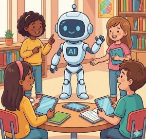 Eine kinderfreundliche Comic-Illustration in einem Klassenzimmer oder einer Bibliothek. Ein weißer, freundlicher Roboter mit einem blau leuchtenden Display-Gesicht und der Aufschrift „AI“ auf der Brust steht im Mittelpunkt und winkt. Vier Kinder umgeben den Roboter an einem runden Tisch; zwei von ihnen halten Tablets, während im Hintergrund Bücherregale und ein Diagramm zu sehen sind.