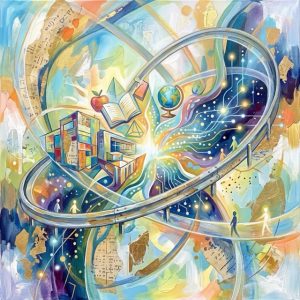 Ein abstraktes, farbenfrohes Gemälde, das die Verbindung von Bildung und Technologie thematisiert. In der Mitte kreuzen sich geschwungene Schienenwege, auf denen kleine stilisierte Menschen laufen. Links sind Gebäude, ein aufgeschlagenes Buch, ein Apfel und geometrische Formen zu sehen; rechts geht das Bild in ein leuchtendes, blaues Netzwerk aus Platinenbahnen und digitalen Lichtpunkten über.