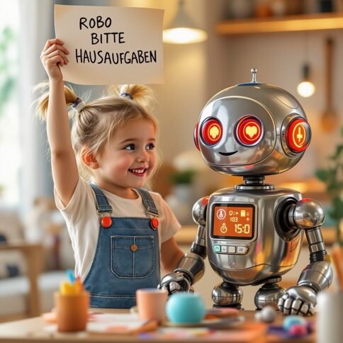 KI-generiertes Bild. Ein Mädchen zeigt einem Roboter ein Schild, auf dem Robo bitte Hausaufgaben steht.