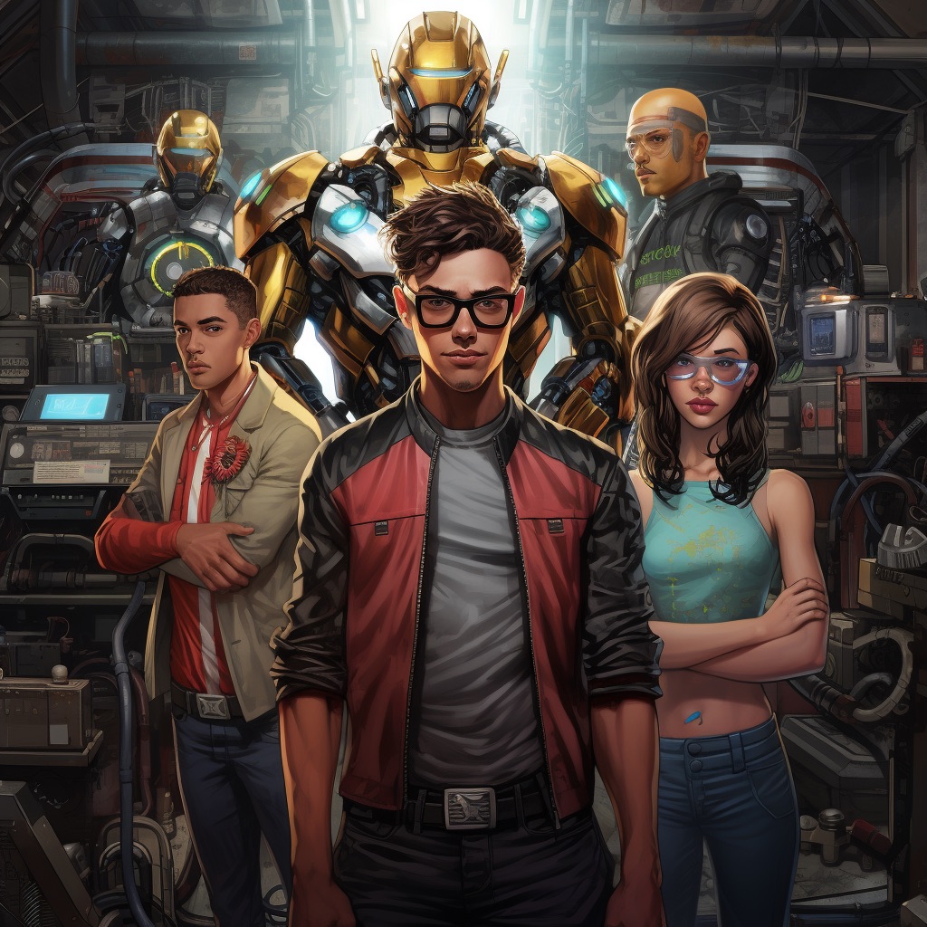 a group of confident looking teenage superheroes standing in front of a giant machine with knobs, wheels, displays and keyboards