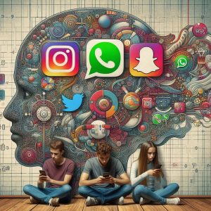 Drei Jugendliche sitzen nebeneinander auf dem Boden vor einer Wand und blicken starr auf ihre Smartphones. Hinter ihnen ist an die Wand die riesige, detaillierte Grafik eines menschlichen Gehirns gemalt, das mit komplexen mechanischen Zahnrädern, Uhren und Schaltkreisen gefüllt ist. Groß im Vordergrund dieser Gehirngrafik schweben die App-Icons von Instagram, WhatsApp (zweimal) und Snapchat sowie das alte Twitter-Vogel-Logo
