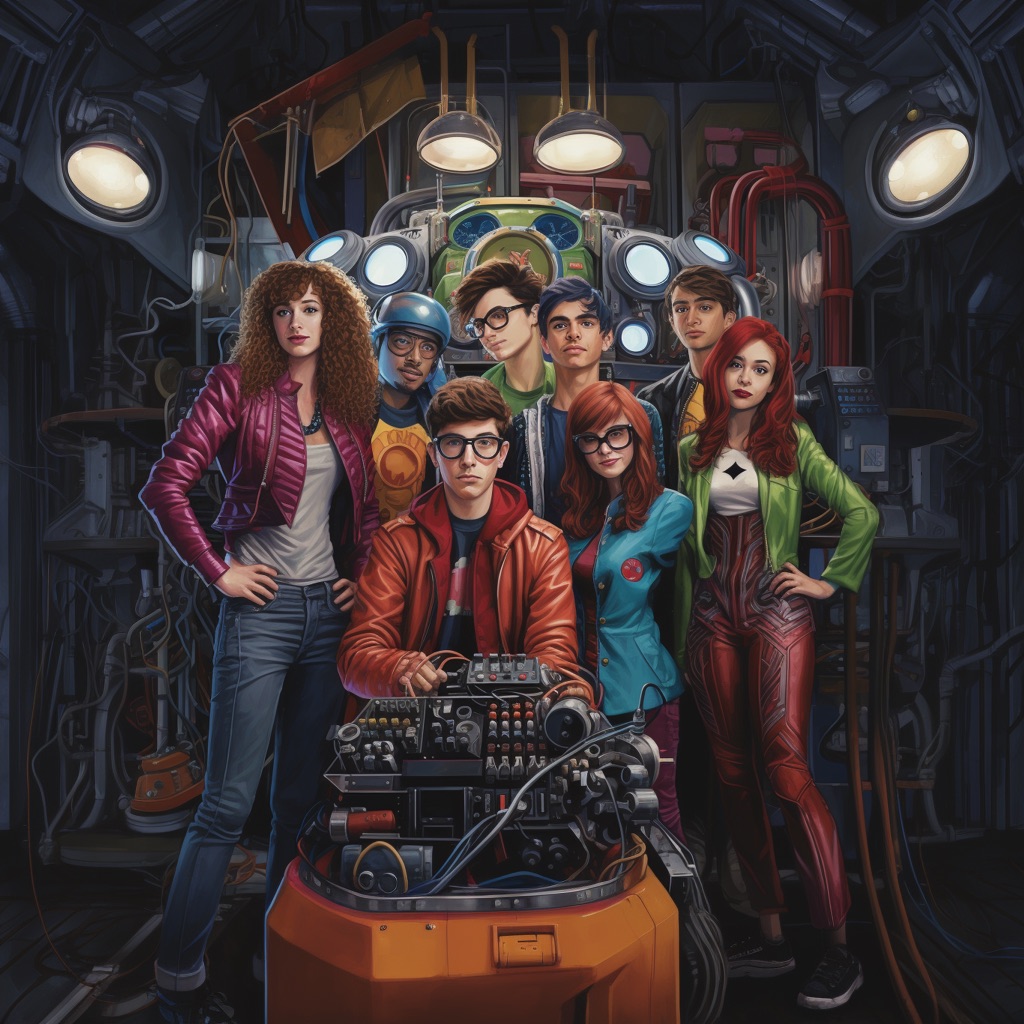 a group of confident looking teenage superheroes standing in front of a giant machine with knobs, wheels, displays and keyboards