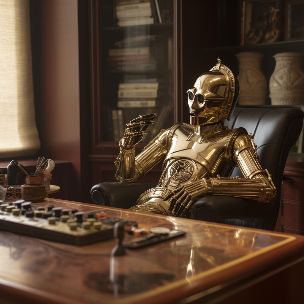 C3PO sitting at his boss desk in an office smoking a cigar