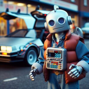 Ein humanoider Roboter steht vor einem Auto der Marke Delorean. Der Roboter trägt eine rote Daunenweste, wie sie auch Marty McFly im Film Zurück in die Zukunft trägt. Gedämpftes Licht.