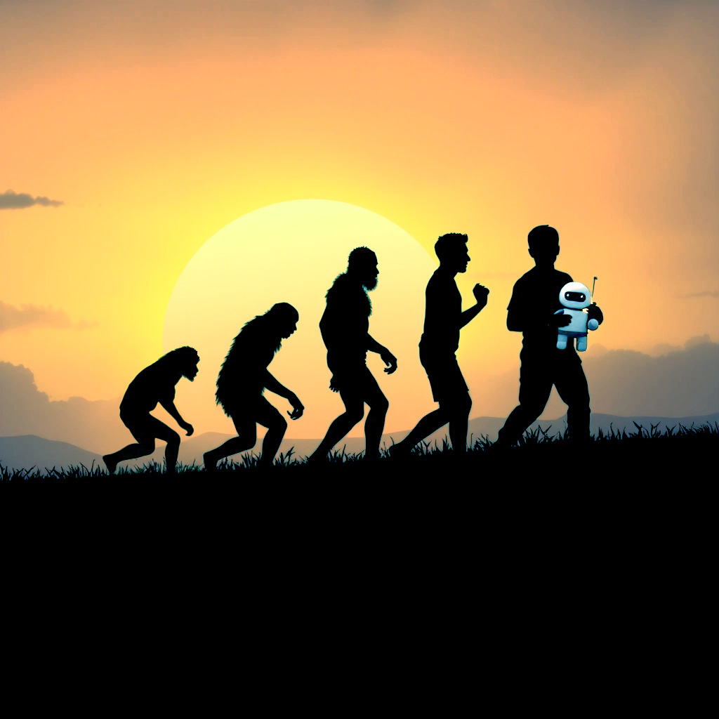 Die Evolution des Menschen. Silhouetten von Australopitecus bis Homo Sapiens. Homo Sapiens trägt einen kleinen Roboter.